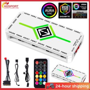 【HOSPORT】1 ถึง 9 พอร์ต 3 ใน 1 4 PIN PWM Magnetic Sucction Hub พร้อมตัวแยกฮับฮับพัดลม argb ฮับ PWM และตัวแยกฮับ ARGB สำหรับเคสพีซี