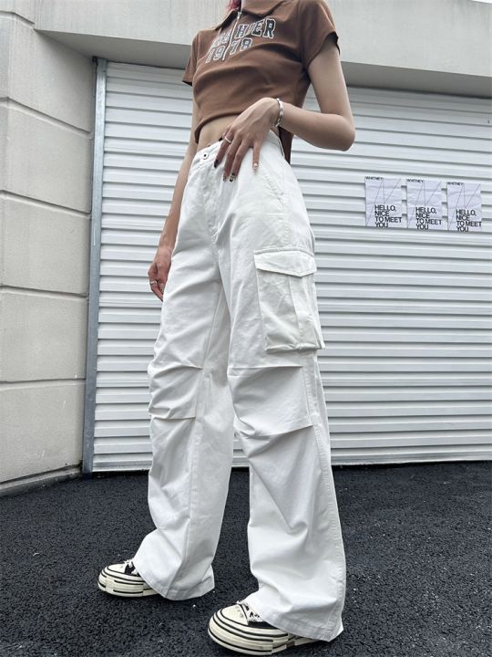 QWEEK Cyber Y2K White Cargo Pants Women Korean Style Egirl Brown Wide Leg  Trousers Oversized Streetwear Hip Hop Pleated Pantalon