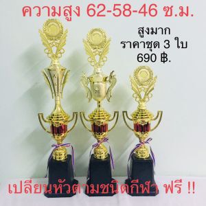 ถ้วยรางวัลสีต่อแตรหงส์ ชุด 3 ใบ แถมริบบิ้น หัวด้านบน ป้าย ฟรี อ่านรายละเอียดให้ดีก่อนกดสั่งครับ