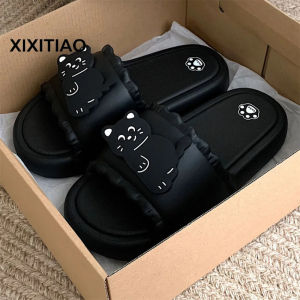 XIXITIAO รองเท้าแตะสำหรับนักเรียนหญิงใหม่2025รองเท้าแตะฤดูร้อนแมวสีดำสนุกสนานสำหรับใช้ในห้องน้ำ