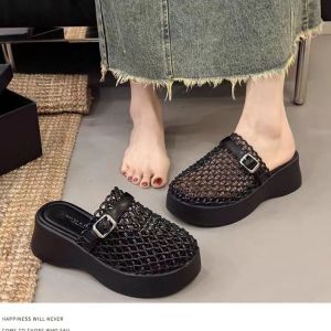 [Free Shipping] Thick-Soled Height-Increasing Closed-Toe Slip-On Sandals For Women Perfect For Summer Wear 2026 New Style Fishnet Design