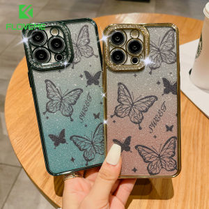 FLOVEME Rhinestone Glitter Butterfly Painted Phone Case For iPhone 15 14 13 12 11 Pro Max 14 Plus Plating With Lens Film Protector All-inclusive Anti-fall Soft TPU Back Cover For iphone 15 14 13 12 11