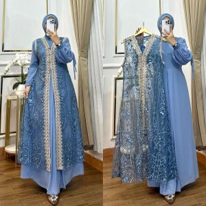 Baju Gamis Brokat Pesta Kondangan Naura Maxy Dress Gamis Brokat Set Outer Lepas Pasang Gamis Lebaran Ceruty Model Dua Layer