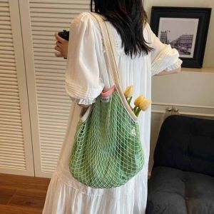 DINAH แบบเกาหลี กระเป๋าสะพายไหล่แบบทอแบบโปร่ง โพลีเอสเตอร์ ความจุขนาดใหญ่ กระเป๋าถือตาข่าย ระบายอากาศได้ ปกปิดขอบ กระเป๋าชายหาดฤดูร้อน ว่ายน้ำ