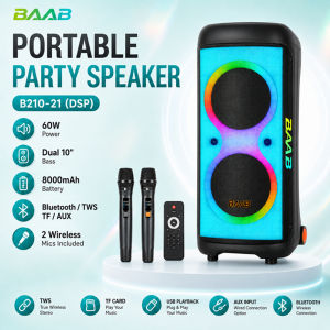 BAAB 60W PARTY SPEAKER DUAL 10" BASS SPEAKER WITH 2 MICROPHONE 8000mAh BATTERY KARAOKE TWS AUX B210-21