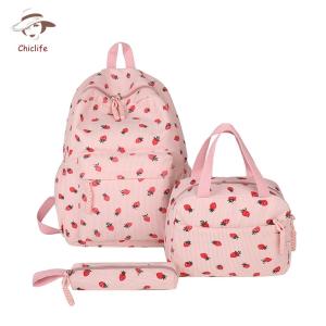 Vibrant Womens Corduroy Backpack with Strawberry Pattern and Matching Accessories for School