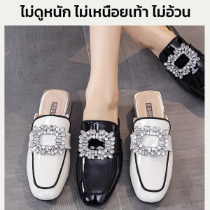 รองเท้าแฟชั่นสตรี ละเอียดอ่อนและสง่างาม รองเท้าแตะ ปลอบโยน หนังสิทธิบัตรสีดำ เพชรเทียมอันงดงาม