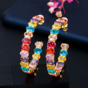SEQUITO Exquisite Girly Yellow Gold Color Full Pave Setting Rainbow Oval Shape AAAAA Cubic Zirconia Banquet Party Fashion Big Hoop Earrings Lady Ear Decoration SE805