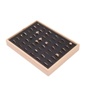 KUYES Velvet Wood Rings Tray Exquisite 48 Grids Ring Earring Holder Simple Ear Studs Case Earrings Display Tray Desk