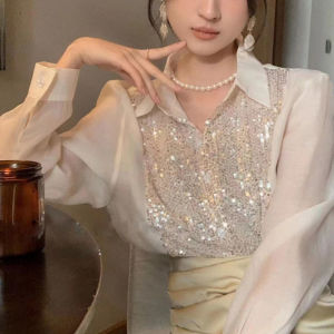 Ielgy sequined dài áo có tay cho phụ nữ ánh sáng sang trọng và cao cấp đa năng Tops