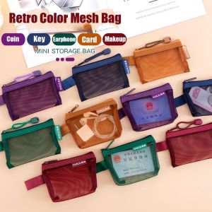 LALEUCA Lipstick Cosmetic Bag Clear Mesh Bag Change Storage Bag Coin Money Bags Mini Coin Purse Casual Data Cable Storage Bag Retro Color Card Bag Women