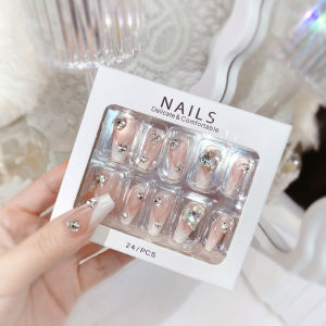 【With Glue】Ready Stock Female Mid-length Fake Nail Love sparkling diamond Decor Artificial Nail for Women and Girl Party Activity