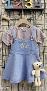 Sét Váy Yếm Jean bé gái phối áo thun sọc  Size trung 4-6 tuổi Kèm gấu Đầm Jean bé gái
