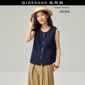 Giordano Women Floral buttons round neck denim vest Free Shipping 18376203