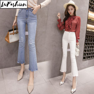 Summer Fashion Womens Knee Straight High Waist Ripped Jeans