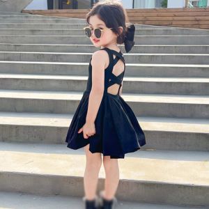 1-8Years Girls Korean Version Dresses Sweet Cool Cross Open Back Slim A-Line Dress