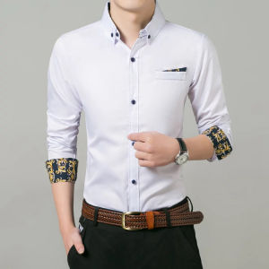 Mens Long-sleeved Shirts Slim Fit Non-iron Shirts Casual Solid Color Top