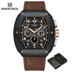 NAVIFORCE นาฬิกานาฬิกาหนังผู้ชายนาฬิกาจับเวลาปฏิทินควอตซ์นาฬิกาข้อมือหน้าปัดกลมขนาดใหญ่ลำลองกันน้ำ2024