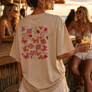 [Local Stock] HBESTY  Floral Crew Neck Short Sleeve T Shirt With Stylized Cats Abstract Flowers Relaxed Funny Outdoors High Quality Cotton Short-sleev