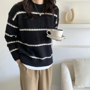 Sweaters Wanita Lengan Panjang Kontras Bergaris Rajutan Sweatshirt Longgar All-Match Pullover Atasan Hangat