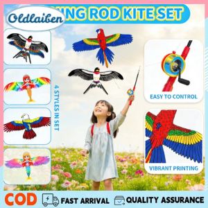 Oldlaiben Cartoon Dynamic Bird Kite Handheld Mini Fishing Rod Easy to Fly in Gentle Breeze Kids Outdoor Toy