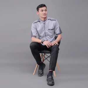 Baju Koko Muslim Pria Lengan Pendek Elrumi Motif Yisunsin Warna Abu