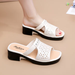 [Free Shipping] 2026 New Summer Thick-Soled Sandals For Women Hollow-Out Design Chunky Heel One-Strap Style Mid-Heel Non-Slip Slippers