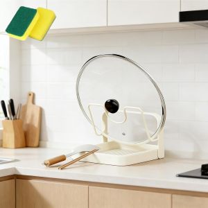 Kitchen Pot Lid Storage Rack Pot Lid Organizer Rack—The Ultimate Christmas Kitchen Organizer Multifunctional Utensils Pan Pot Cover Lid Rack Shelf for Pots Lids Spatulas (Beige-Double Layer)