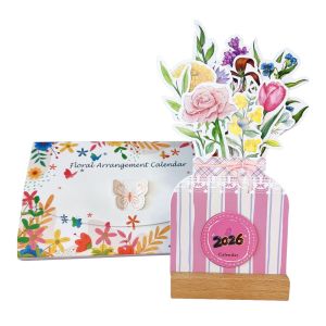 GOOD MOOD BEAUTY รูปแจกัน ปฏิทินตั้งโต๊ะดอกไม้บานสะพรั่ง ฐานไม้ ฐานที่ถอดออกได้ ปฏิทินตั้งโต๊ะลายดอกไม้ ใหม่ แสดงวันที่ ปฏิทินตั้งโต๊ะ สำหรับตกแต่งโต๊ะทำงาน