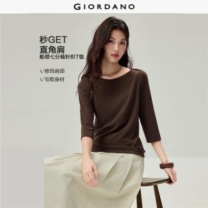 Giordano Women Boat neck 3/4 sleeve slim rib tee Free Shipping 05326781
