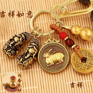 已开光 招财钥匙扣 手机链 礼物 Fortune-Taking Keychain Mobile Phone Chain Gift 工厂直发公母貔貅十二生肖福牌黄铜葫芦送朱砂经贸钥匙扣挂件批发