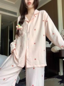 Cute Pink Cherry Pajama Women Girls Spring and Autumn Long Sleeve Set Cardigan Cloud Cotton Gauze Sleepwear Large Cute Outerwear