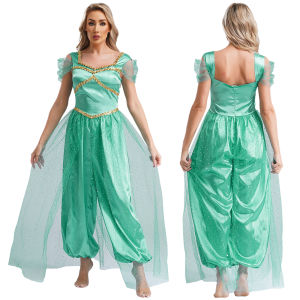 Womens Adult Arabic Arabian Princess Jasmine Cosplay Costume Sequin Trim Pumpkin Pants Belly Carnival Overlay Romper Jumpsuit2026