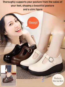 Mom Shoes Thick Soled Mary Jane Shoes/Petite Platform Chunky High Heels/Real Leather/Comfortable For Spring Summer Moms Daily Use