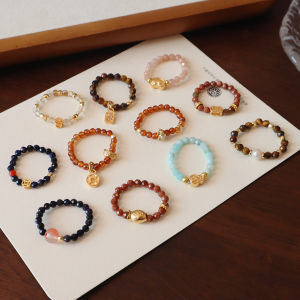 New Natural Stone Ring Tigers Eye Rutilated Quartz Ring Beaded Elastic Rope Crystal Ring