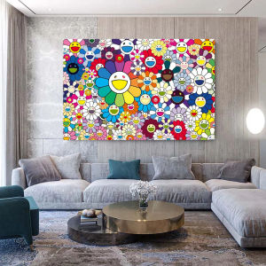 Murakami Japan Colorful Smile Flower Canvas Poster White Skull Pop Art Print Canvas Painting Living Room Home Decor 1PCS Wooden Inner Framed or Frameless (or Black Aluminum Alloy Framed)