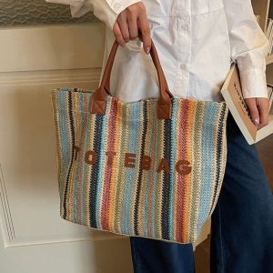 Portable Woven Straw Tote Bag Large Capacity Letter Rainbow Tote Bag Shoulder Bag Beach Bag Armpit Bags Girl2026
