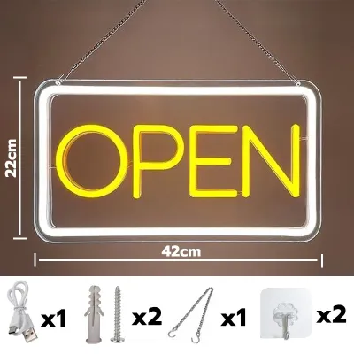 OPEN ป้ายไฟนีออน LED ประหยัดไฟ ทรงตั้ง/ทรงนอน 42x22cm สีเหลือง พร้อมอแดปเตอร์ 12V 3A สายไฟยาว 2m สำหรับร้านค้า