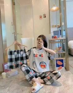 Womens Terno 3in1 Cotton Spandex Cute Cartoons Prints Tshirt Sleepwear Pajama Set  SIZE: Free size