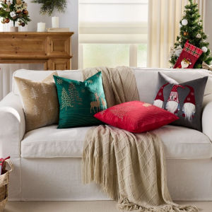 Velvet Christmas Pillow Cover with Embroidered Forest Deer 45x45cm Decorative Cushion for Living Room & Bedroom Cream Beige Grey