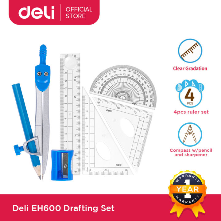 Deli EH600 Drafting Set 4 PCS Ruler Set, Compass with Pencil and Sharpener EH600