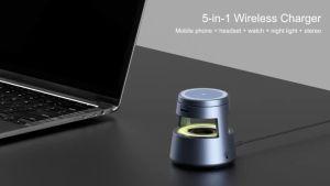 สถานีชาร์จไร้สาย 5 in 1 พร้อมโคมไฟกลางคืนและเครื่องชาร์จเร็วแม่เหล็กสเตอริโอบลูทูธ