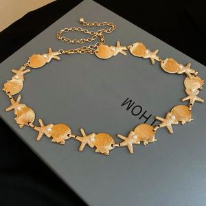CHENGXU Alloy Pearl Shell Starfish Waist Chain Ornaments Sea Series Starfish Beach Body Chain Y2K Ins Adjustable Bohemian Shell Waist Belt Women