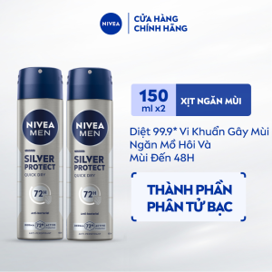 Combo 2 Xịt Khử Mùi Nam NIVEA MEN 150ml Ngăn Mồ Hôi Khô Thoáng - Silver Protect/Cool Kick/Dry Impact