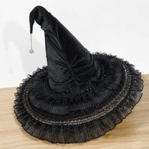 Halloween Gothic Lolita Witch hat velvet lace wide-brimmed pointed hat with bow COS Party