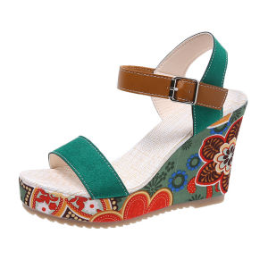 [Free Shipping] Ethnic-Style Printed Platform Wedge Sandals New Summer Collection Plus-Size With A Single-Strap Design And Open-Toe High-Heeled Sandals For Women
