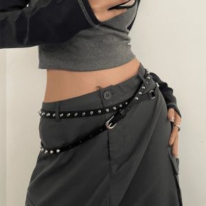 NOVELLEO Thin Womens Rivet Belt Double Loop Extra Long Leather Waist Belt Vintage Gothic Dress Jeans Belt Streetwear