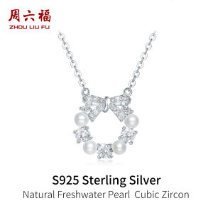 ZHOU LIU FU 周六福 S925 Sterling Silver Necklace Bow Earrings Natural Freshwater Pearl Necklace Pendant Minimalist Elegant Jewelry for Women Girls J0614977 X0912963