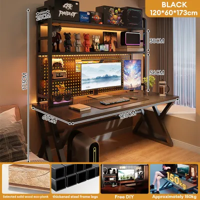 NAIJIA Solid Wood Gaming Computer Desk Home Office Study Desk Integrated Design Hole Board Metal Legs Simple Modern Style Desktop Included电脑桌办公桌