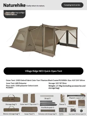 Naturehike VILLAGE 13 NEO Automatic Tent Fast Build Cabin Style Multiple Settings Tent 2 Bedroom 1 Living Room Ti Black Coated Sunscreen 6 Persons Waterproof Outdoor Camping